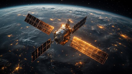 Fototapeta premium Satellite orbiting Earth at night with glowing solar panels Generative AI