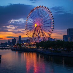 Obraz premium Osaka's bayside area illuminated by the beautiful light of the setting sun ,One of the largest Ferris wheels in Japan ,Tempozan
