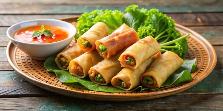 Delicious Vietnamese fried spring rolls on a plate with dipping sauce, Vietnamese cuisine, Nem Ran, traditional dish