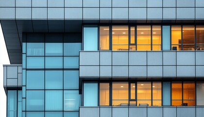 Fototapeta premium Modern Office Building Facade with Windows and Illuminated Interior