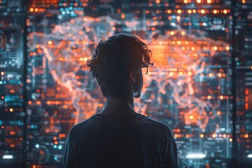 A person observing a digital map with data visualizations.