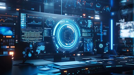 Obraz premium Futuristic control room with advanced data visualization and interfaces.