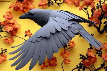 Fototapeta premium Raven in Flight Against a Background of Paper Flowers