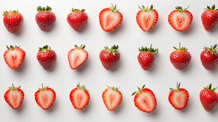 105. Artistic display of strawberries from multiple angles, including front, side, top, sliced, and halved views, on a white background, ideal for creating mockup templates for artwork