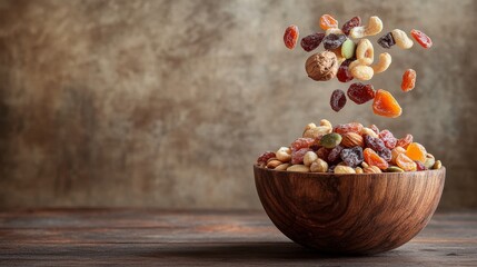 112. High-angle view of a mix of dried fruits and nuts seemingly suspended in the air above a wooden bowl, with ample copy space for text or design elements