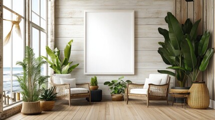 Coastal Living Room with Tropical Plants and a Blank Canvas