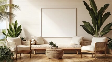 Coastal Living Room with White Frame and Natural Elements