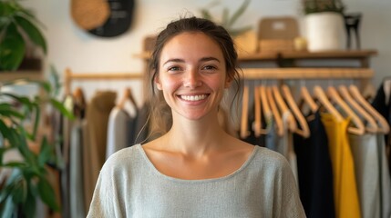 Entrepreneurial woman with a welcoming smile, proudly standing in her sustainable fashion franchise, stylish organic clothing racks behind her, sustainable fashion products