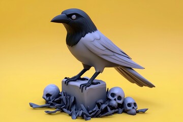 Obraz premium 3D Rendered Raven Figurine on a Stone Base with Skulls