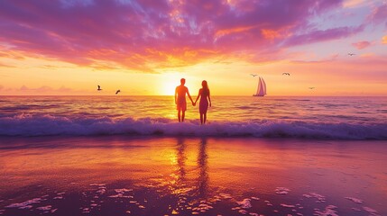 At sunset, a couple walks hand-in-hand on a beach, surrounded by waves, colors, and serenity.