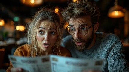 Fototapeta premium Couple Reacting with Shock to Menu Prices in a Restaurant
