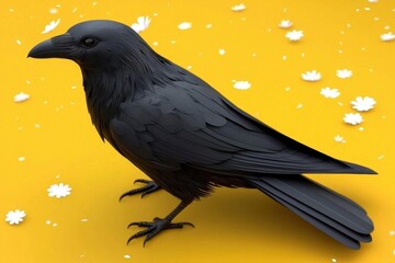 Fototapeta premium Black Raven Bird on Yellow Background with White Flowers