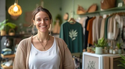 Smiling franchise owner in a trendy sustainable fashion store, eco-conscious clothing displayed behind, natural lighting and green decor, sustainable fashion products