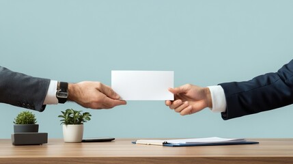 Two hands exchanging a blank card over a modern desk, symbolizing communication and collaboration in a professional setting.