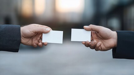 Two hands exchanging blank business cards outdoors, symbolizing networking, communication, and professional relationships.