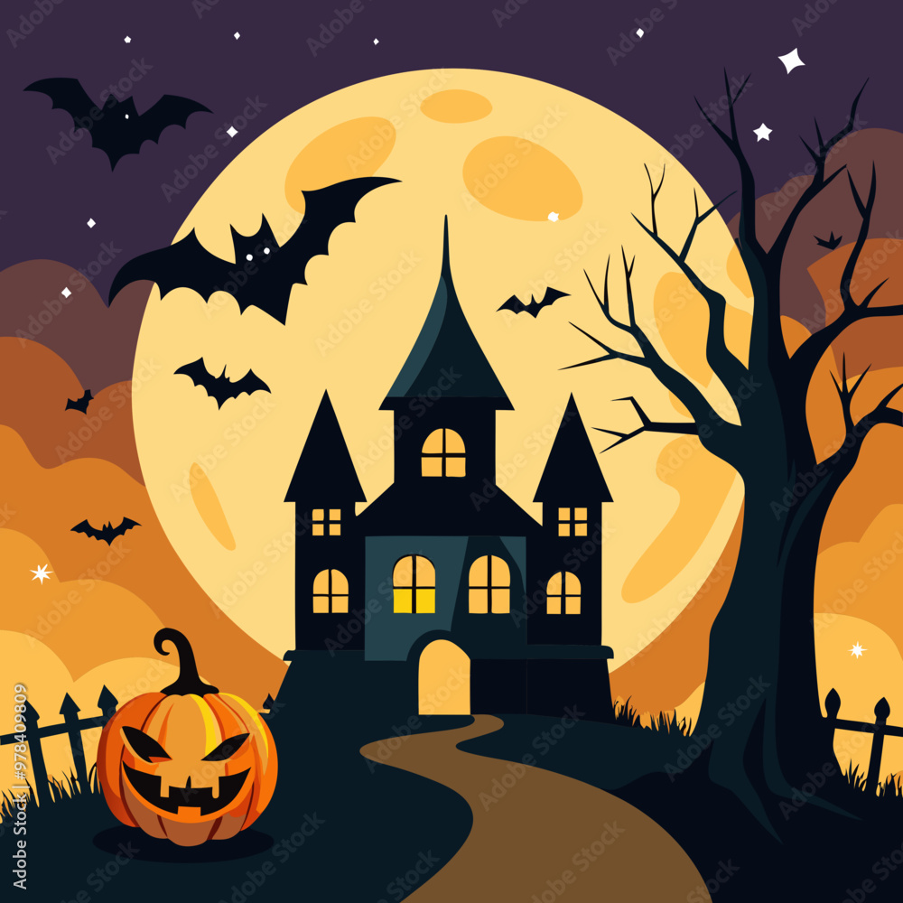 Wall mural  Halloween background with pumpkin and bats house