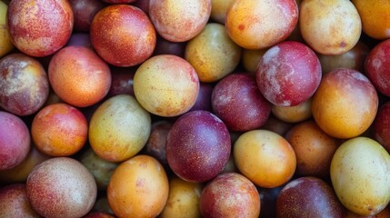134. High-angle view of Dinosaur Egg Pluots, emphasizing their organic quality and readiness to eat, with a focus on their unique appearance