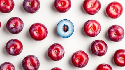 136. Close-up of many juicy red plums isolated on a white background, with a whole and halved blue plum fruit for contrast