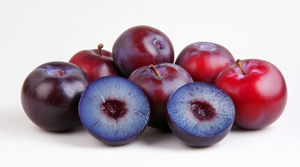138. Artistic display of multiple red plums with a whole and halved blue plum, set against a white background to emphasize their freshness