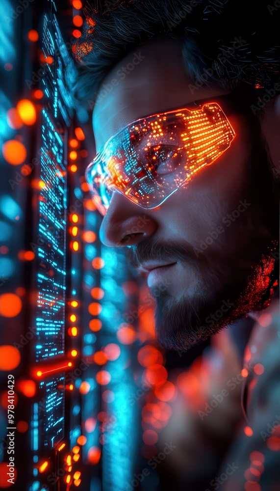 Poster man with futuristic data glasses analyzing digital information with neon lights, representing advanc