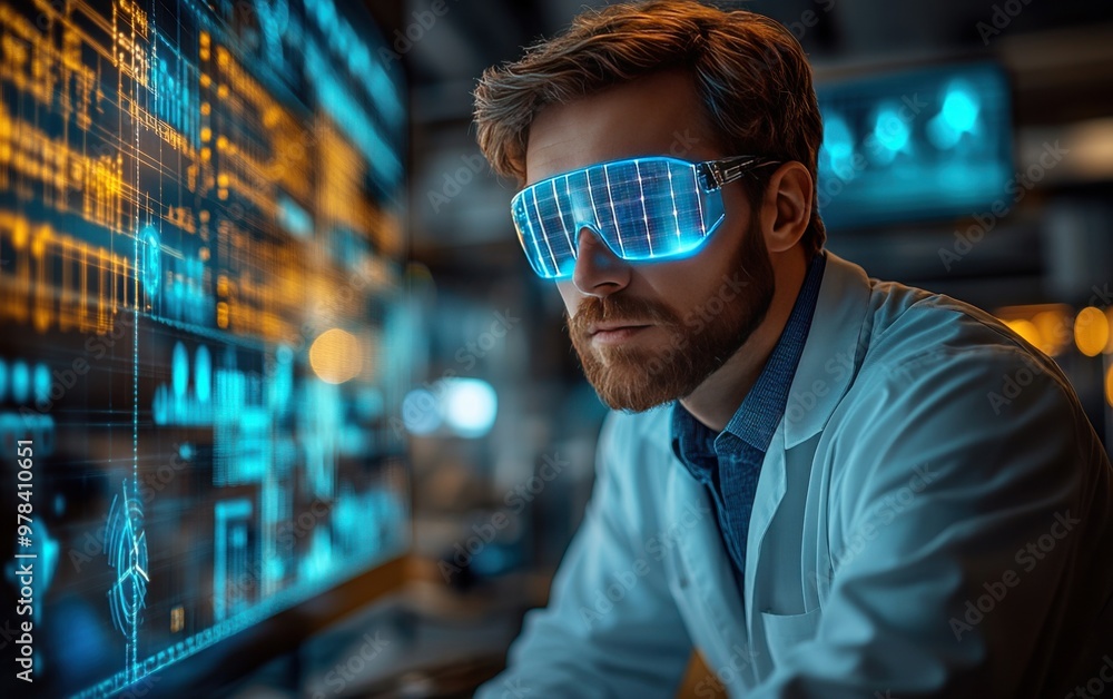 Poster a scientist wearing futuristic ar glasses analyzes complex data on advanced holographic display scre