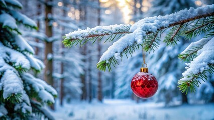 Christmas toy hanging on a tree branch in a snowy forest, festive, holiday, decoration, winter
