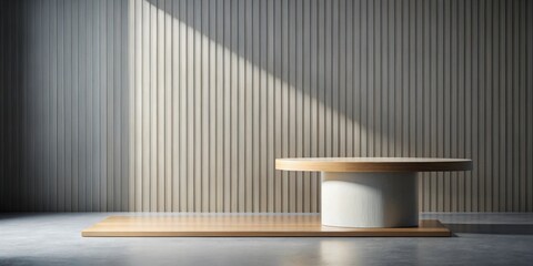 Clean and minimalistic podium product display with a flat surface table against a wall background