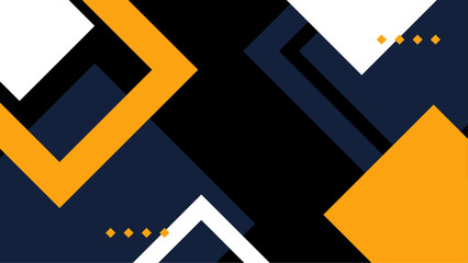 Abstract geometric pattern with vibrant yellow white and dark blue squares on a dynamic black background. A modern abstract design featuring interlocking yellow white and dark blue squares.