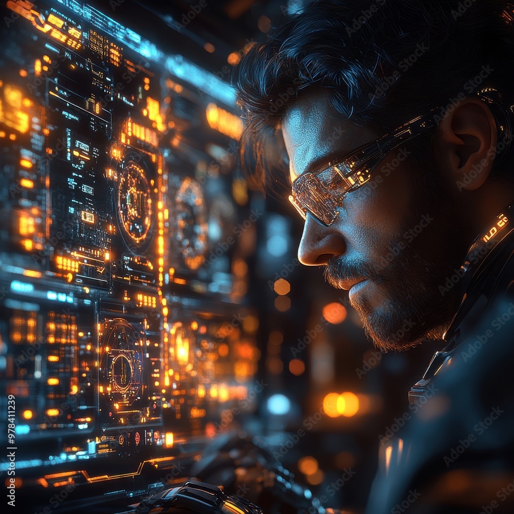 Poster man analyzing futuristic holographic interface, immersed in digital technology and data visualizatio