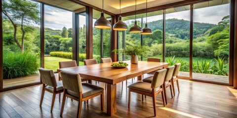 Fototapeta premium Dining room with wooden table set against a backdrop of nature, dining table, room, nature, background, wooden, set, chairs