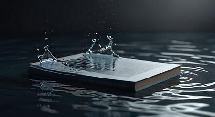 A mockup of a book with a blank cover that is partially submerged in water. The water ripples gently around the book, creating a surreal and artistic concept on a reflective surface.