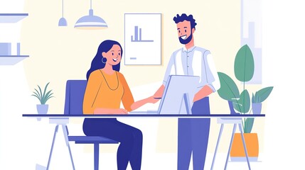 Fototapeta premium Woman helping a man on the computer they are happy in a clean well lit office, illustration