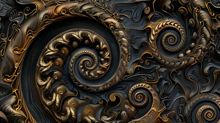 Abstract 3D rendering with a swirling, metallic pattern.