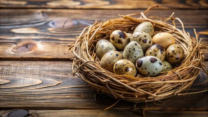 Obraz premium Fresh button quail eggs in a nest on wooden table background, button quail eggs, fresh, nest, wooden table, organic