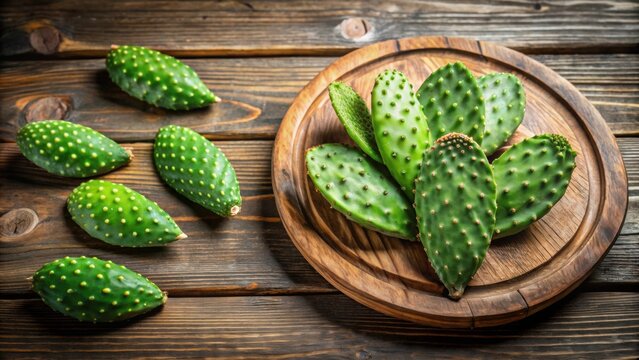 Fresh nopales on rustic wooden surface and plate, nopal cactus, nopales, fresh, healthy, organic, Mexican cuisine