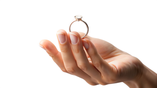 Hand holding an engagement ring, symbolizing love and commitment