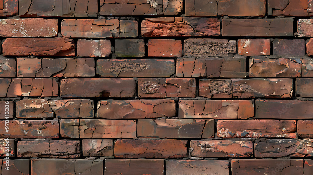 Wall mural A close up of a weathered brick wall with cracks and chips.