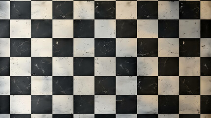 Worn black and white checkered floor tiles.