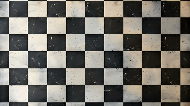 Worn black and white checkered floor tiles.