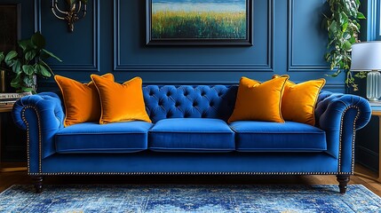 A blue velvet Chesterfield sofa with orange throw pillows in a living room with dark blue walls and a rug.