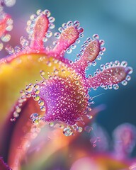 Naklejka premium Close-up macro shot of a pink flower covered in water droplets.
