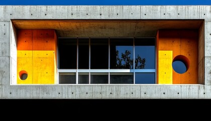 Concrete Wall with Yellow and Orange Panels, Window, and Circular Openings