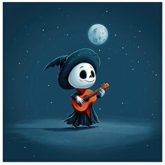 Fototapeta premium Cute Skeleton Playing Guitar Under the Night Sky