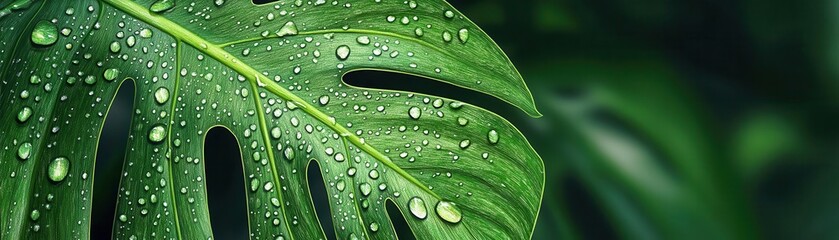 monstera leaf detail with fresh droplets, tropical background flat design, side view, jungle atmosphere, cartoon drawing, Complementary Color Scheme