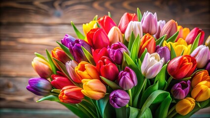 Fototapeta premium Vibrant tulips bouquet in full bloom, a colorful floral arrangement, Tulips, bouquet, flowers, vibrant, full bloom, colorful