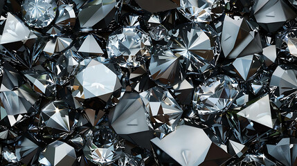 A pile of shiny, black diamonds reflecting light.