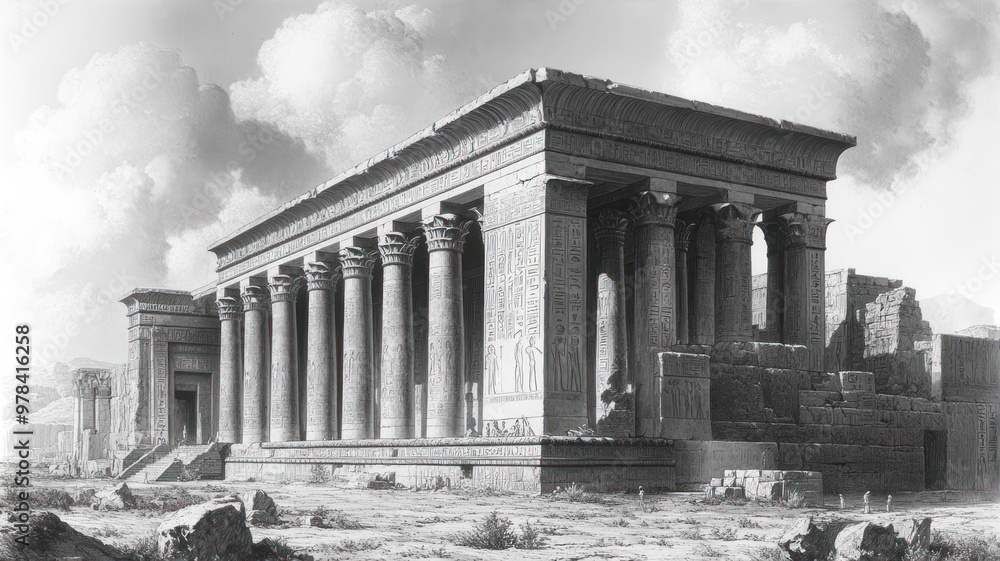 Poster ancient temple structure with columns and detailed carvings.