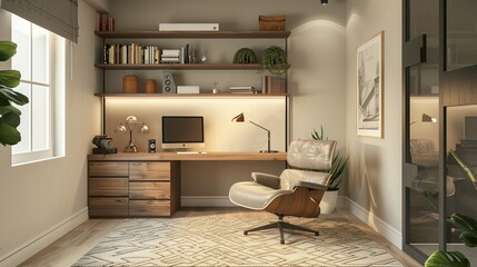 Isolated White Background: 3D Render of a Cozy Study Room Featuring a Wooden Desk, Plush Chair, and Warm Lighting – Floor Plan