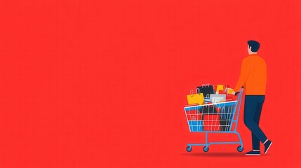 Fototapeta premium Man pushing a shopping cart full of discounted items, Black Friday success, flat design illustration