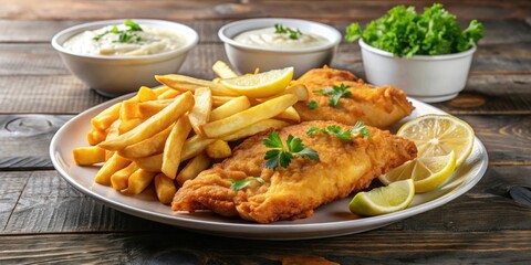 Classic plate of fish and chips, British fast food crispy fried fish fillets with chunky fries, fish, chips, British